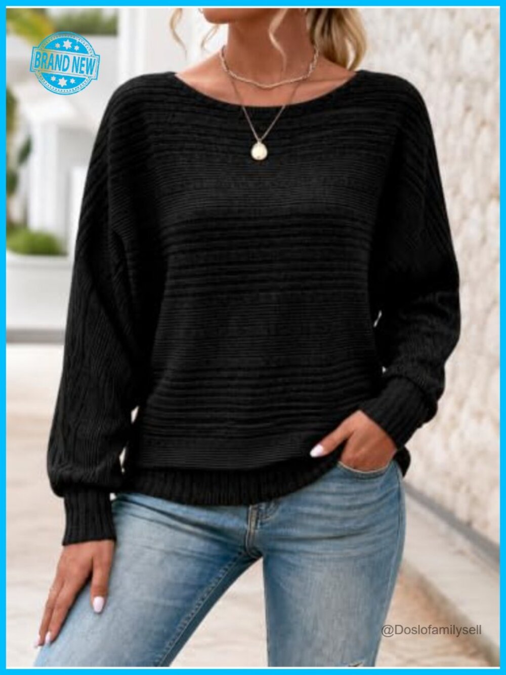 Women's Slouchy Ribbed Knit Sweater Oversized Boatneck Batwing Sleeve